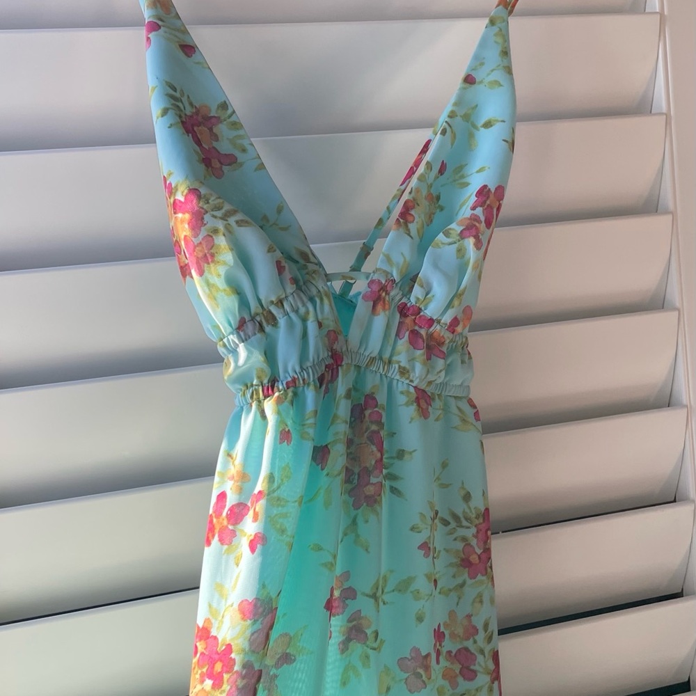 Beautiful Floral Maxi Dress in Turquoise Blue and Pink - Worn Once